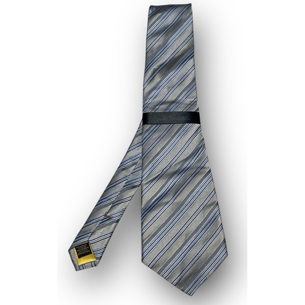 Paul Smith Necktie Silk Silver Grey Blue Striped Men's Luxury Tie Hand Made NWT